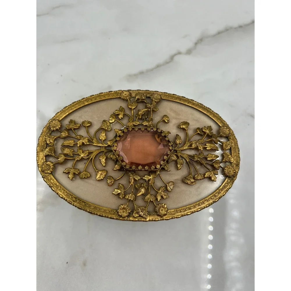 Vintage Filigree Amber Glass Jeweled Top Jewelry Trinket Box Display Case